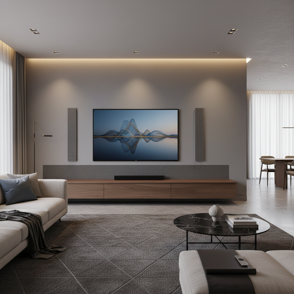 A meticulously designed contemporary living room centered around a low-profile walnut media console housing an ultra-thin OLED TV, flush-mounted against a matte dove-gray wall. Discreet in-wall speakers blend seamlessly with the architecture, while a concealed soundbar nestles within a custom acoustic fabric panel. Soft cove lighting traces the ceiling perimeter, complemented by a subtle glow from recessed LED downlights. The polished concrete floor reflects the warm, controlled illumination, emphasizing clean lines and premium finishes. Shot at eye level in photographic realism, the composition uses the rule of thirds, with the entertainment hub as the focal point and the background elegantly blurred. The mood is sophisticated, calm, and technologically refined, conveying effortless integration of high-end home automation and luxury residential AV.