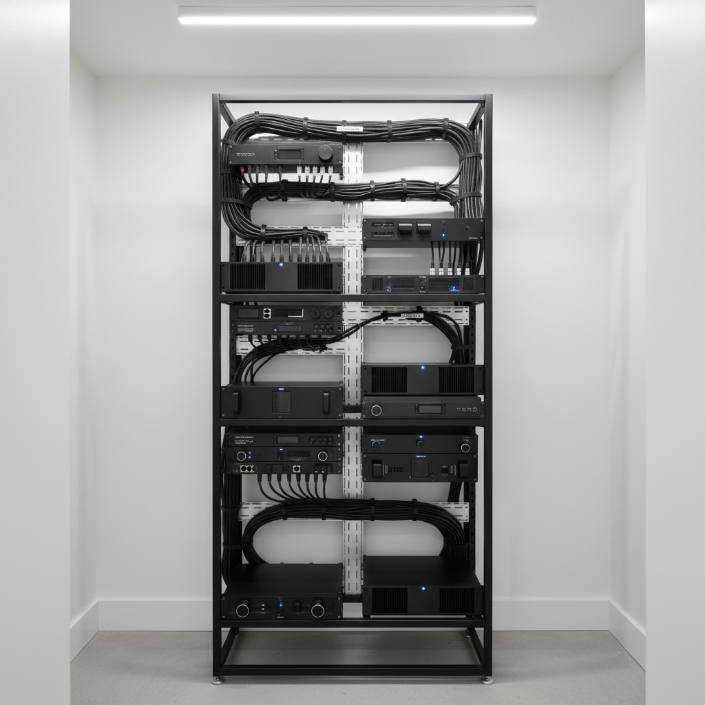 A minimalist technology closet showcasing the precision of premium residential AV integration, with a tall black equipment rack filled with neatly spaced amplifiers, network switches, and media servers, each with subtle, cool-blue LED indicators. Cables are meticulously organized into labeled bundles running through custom cable management trays, creating a visually striking pattern against a clean white wall. Overhead, a linear LED light provides even, neutral illumination, casting crisp, controlled shadows that emphasize order and craftsmanship. Photographic realism from a slightly low, centered angle gives the rack a monolithic, sculptural presence. The atmosphere is precise, engineered, and quietly impressive, communicating the hidden backbone of a sophisticated smart home where reliability, organization, and professional-grade integration underpin the seamless user experience.