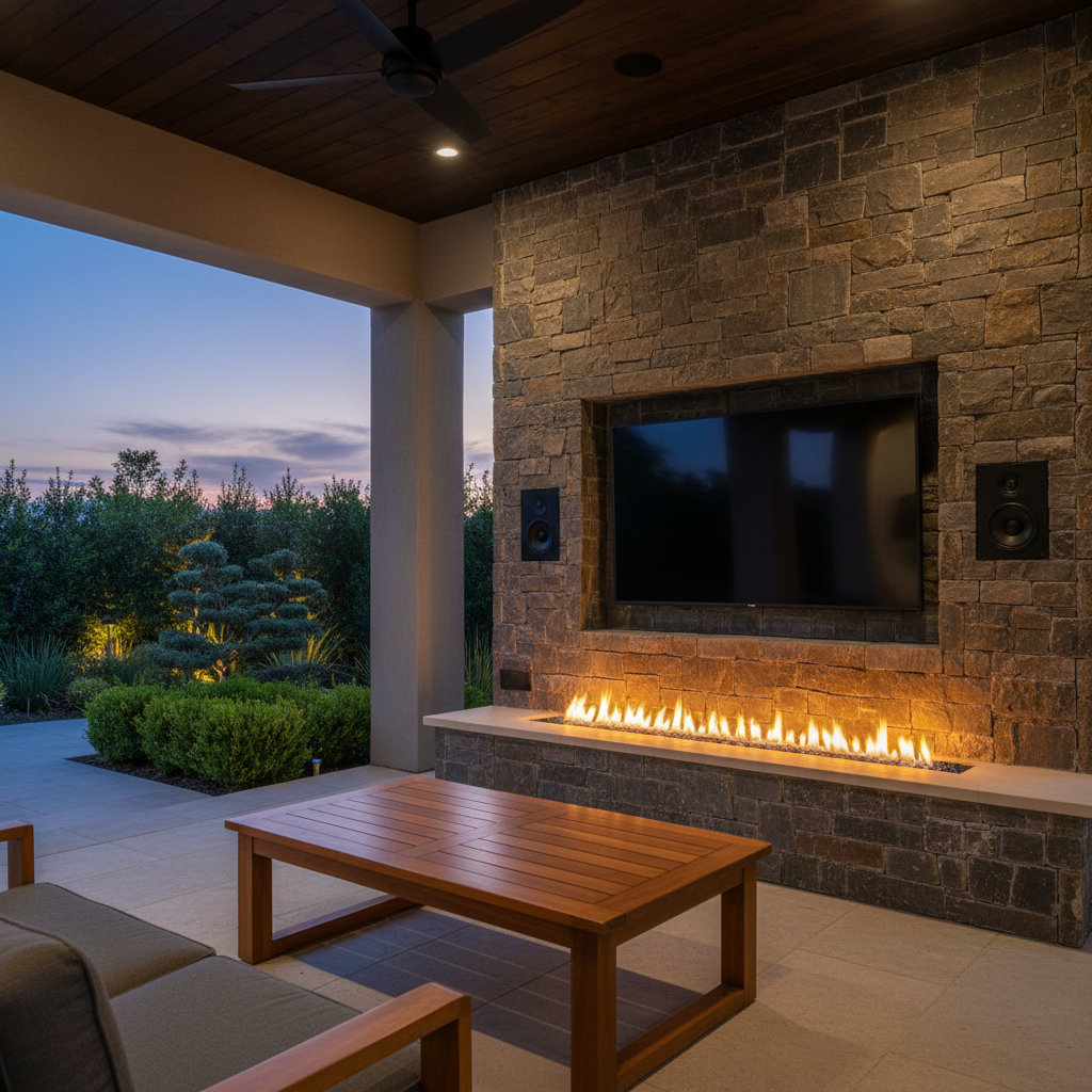 A serene outdoor living pavilion featuring a weatherproof wall-mounted 4K display recessed into a textured stone wall, flanked by marine-grade speakers subtly embedded within the stonework. A low, linear gas fire feature runs parallel to a teak coffee table, reflecting warm, flickering light on the display’s anti-glare surface. Overhead, slim black ceiling fans and discreet downlights blend into a dark stained wood ceiling. Dusk skies transition to deep blue, while garden lighting illuminates sculpted greenery beyond. Photographic realism from a three-quarter, slightly elevated angle captures sharp foreground detail with a gentle falloff toward the landscaped perimeter. The mood is resort-like, intimate, and luxurious, showcasing outdoor AV integration that stands up to the elements while maintaining a refined, architectural aesthetic.