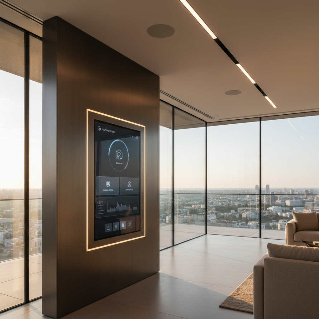 A sleek, glass-walled open-plan home interior showcasing a centralized smart home control hub integrated into a dark brushed metal wall panel. A large, ultra-clear touch display shows an elegant dashboard of lighting, climate, and audio zones, framed by hidden LED edge lighting. Surrounding it, flush ceiling speakers, minimalist linear light fixtures, and a nearly invisible motorized shade track along the window reveal the depth of integration. Late afternoon natural light pours through, mixing with the warm artificial glow to create a balanced, inviting ambiance. Captured in photographic realism from a slightly angled perspective, the composition highlights the control hub in crisp focus while the expansive, high-end interior falls into a soft bokeh. The scene feels composed, luxurious, and quietly futuristic, emphasizing intuitive, whole-home automation.