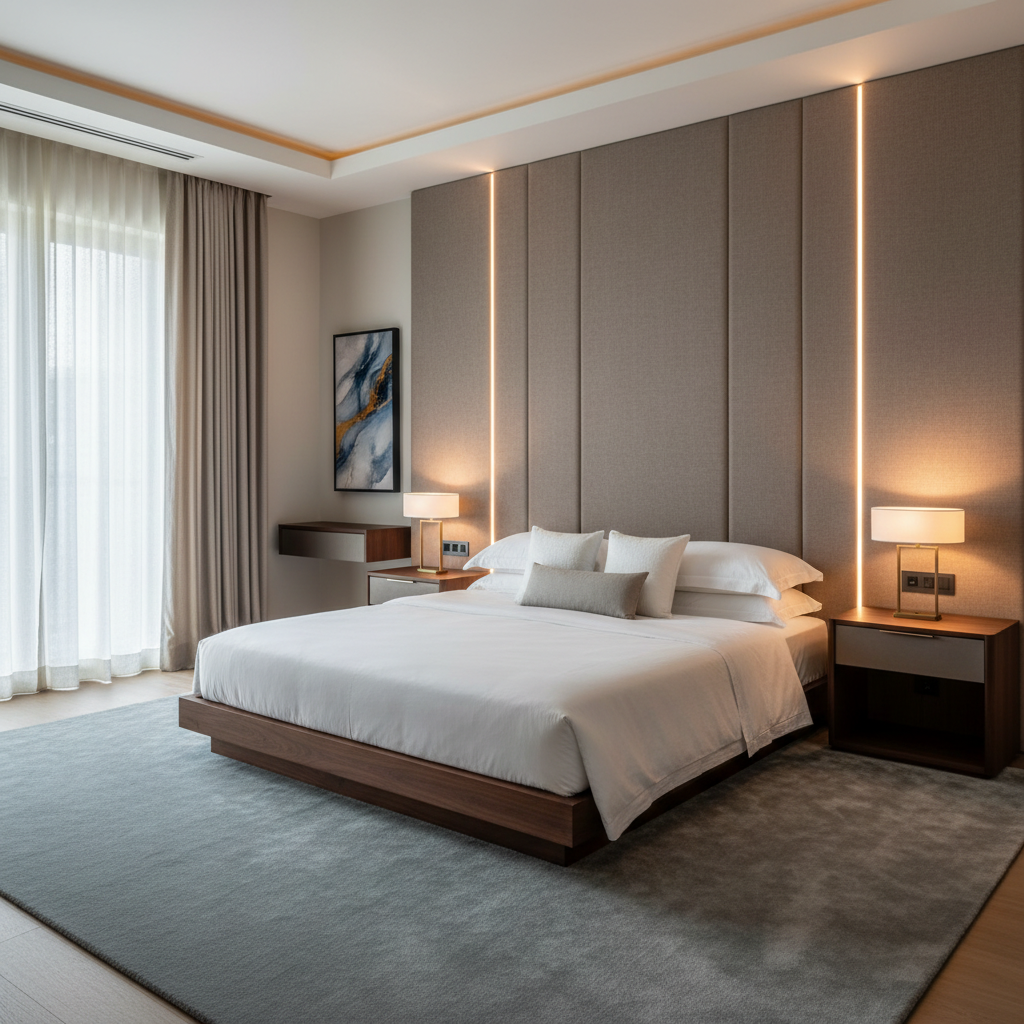A refined master bedroom sanctuary featuring a custom upholstered headboard wall in textured taupe fabric, flanked by integrated LED light strips and nearly invisible in-wall speakers. A low-profile platform bed with crisp white bedding sits on a plush, cool-gray rug, while floor-to-ceiling curtains conceal motorized blackout shades. A slim, framed display subtly recessed into the opposite wall shows an ambient art scene, hinting at hidden AV capabilities. Soft, warm evening lighting emanates from concealed coves and bedside fixtures, casting gentle gradients across the textiles. Photographic realism from an eye-level, slightly off-center angle uses the rule of thirds to balance bed, display, and architectural details. The atmosphere is tranquil, luxurious, and meticulously curated, illustrating how discreet technology and high-end automation elevate rest and relaxation spaces.