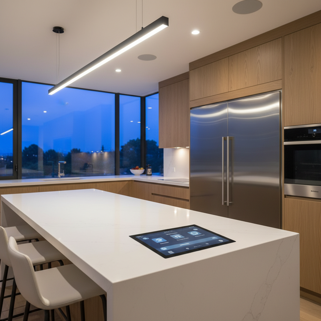 An elegant modern kitchen seamlessly integrated with distributed audio and lighting control, featuring a long, white quartz island with a waterfall edge and a hidden flush-mounted touchscreen subtly embedded near the seating area. Discreet ceiling speakers align perfectly with slim linear LED fixtures, while under-cabinet lighting grazes matte oak cabinetry. Early evening blue hour light filters through expansive windows, complementing the warm interior glow and reflecting softly off stainless steel appliances. Captured in photographic realism from a three-quarter angle, the composition emphasizes the clean geometry of the island in the foreground, with the smart control interface in sharp focus and the rest of the kitchen gently softened. The mood is sophisticated, welcoming, and quietly high-tech, showcasing how integrated AV and lighting enhance everyday living without visual clutter.