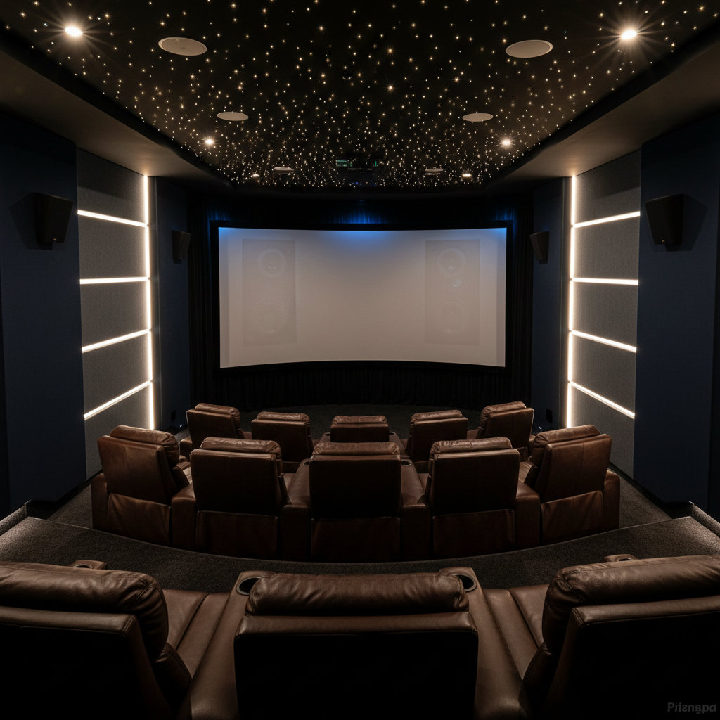 A dedicated luxury home cinema room with tiered platforms supporting oversized, cushiony leather recliners, all unoccupied, facing an ultra-wide acoustically transparent screen framed by black velvet wall panels. Behind the screen, hints of concealed speakers are suggested by subtle fabric texture. The ceiling features a starfield fiber-optic installation combined with recessed spotlights dimmed to a gentle glow. Wall-integrated LED strips provide a soft, indirect wash along acoustic panels in deep charcoal and midnight blue. Photographic realism captures the scene from the back of the room, slightly elevated, leading the eye toward the luminous screen. The atmosphere is immersive, intimate, and cinematic, with rich shadows and controlled highlights communicating premium AV performance and expertly calibrated, high-end home theater integration.