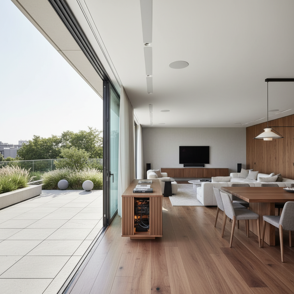 A sophisticated open-concept living and dining area highlighting a multi-zone audio experience, with a sculptural walnut credenza concealing an AV rack behind slatted doors and cable management kept completely hidden. Slim architectural speakers are integrated flush into the ceiling, aligning with recessed spotlights for a harmonious rhythm. A floor-to-ceiling window wall reveals a landscaped terrace where weatherproof speakers and subtle pathway lights extend the zone outdoors. Soft midday natural light floods the interior while outdoor sunlight sparkles on patio stone. Photographic realism from a wide-angle lens at eye level captures sharp detail throughout, using leading lines from the wood flooring to guide the viewer from interior to exterior. The mood is expansive, elegant, and connected, emphasizing whole-home, inside-outside entertainment integration.